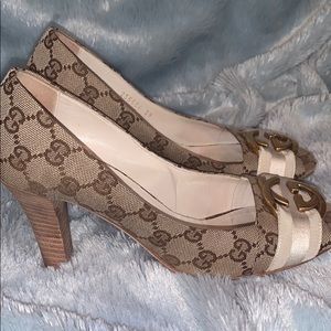 Gucci Beige Canvas Monogram Wooden Heels